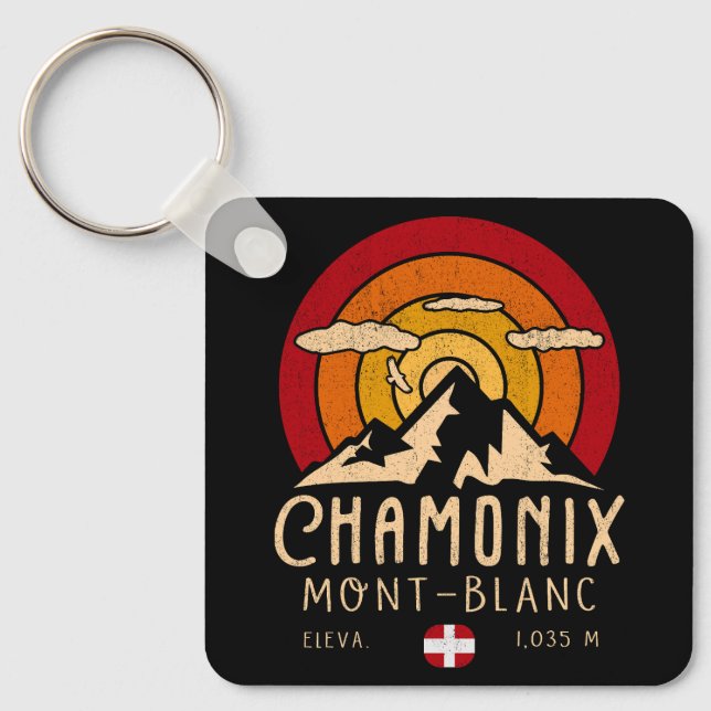 Chamonix France Retro Sunset Skiing Souvenirs 80s Key Ring (Front)
