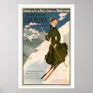 Chamonix Mont Blanc Paris Lyons France Vintage Ski Poster