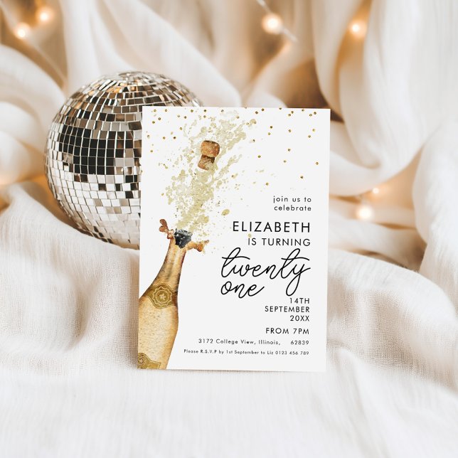 Champagne 21st Birthday White Gold Invitation  (Creator Uploaded)