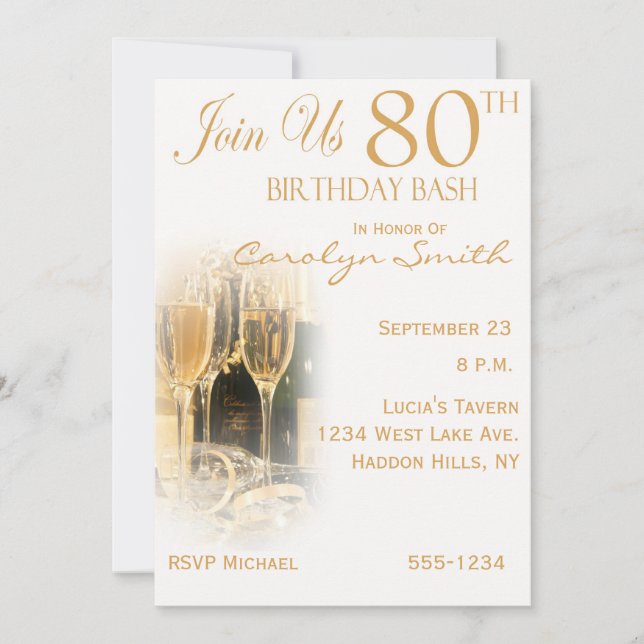 Champagne 80th Birthday Party Invitations (Front)