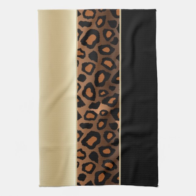 Champagne and Black Leopard Animal Print Tea Towel (Vertical)