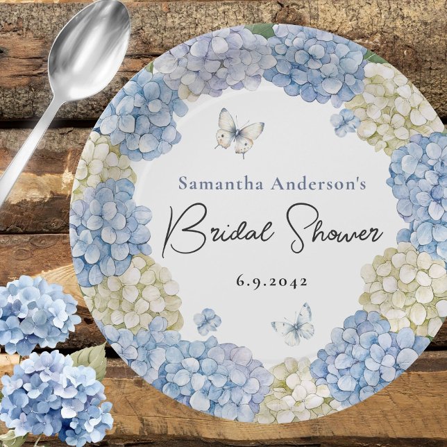 Champagne And Blue Hydrangea Bridal Shower  Paper Plate (Creator Uploaded)