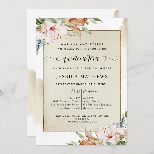 Champagne and Blush Pink Floral Quinceañera  Invitation (Front/Back)