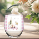Champagne and Cupcakes Pink Gingham Stemless Wine Glass<br><div class="desc">Cute wine glass, personalised with your name in sweet handwritten lettering. Design features a band of pink and white gingham with watercolor illustration of a bottle of champagne or sparkling wine, glasses, cupcakes and pink flowers. Please browse my Cupcakes and Cava Bridal Shower Collection for co-ordinating games and signs or...</div>