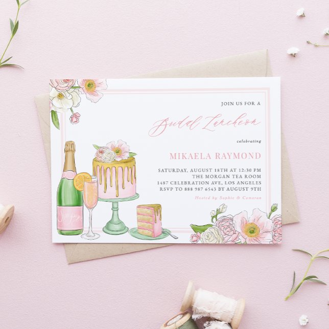 Champagne and Drip Cake Floral Bridal Luncheon Invitation (Creator Uploaded)