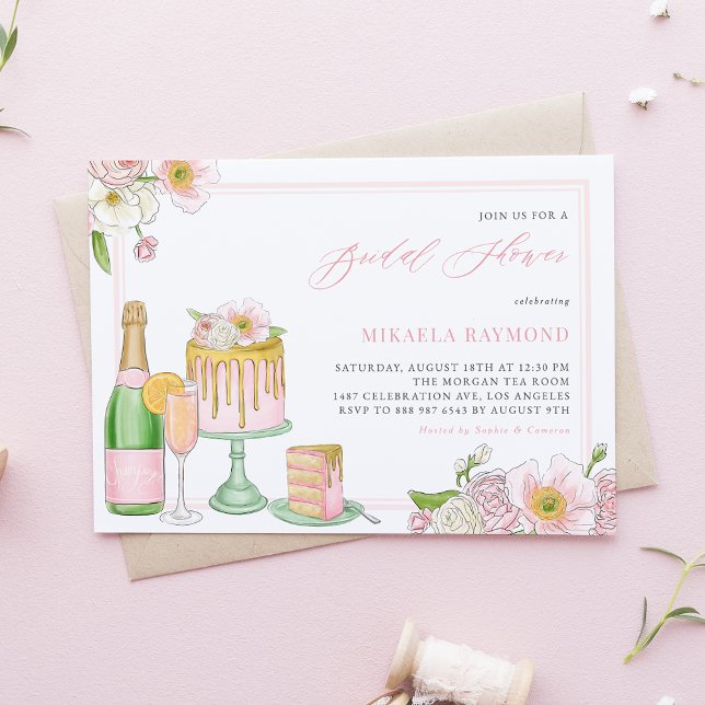 Champagne and Drip Cake Floral Bridal Shower Invitation (Creator Uploaded)