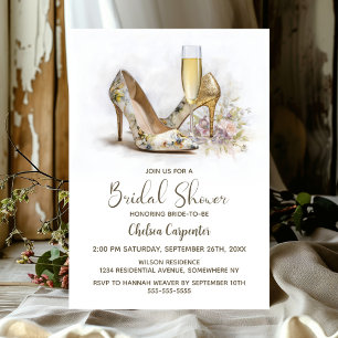 Champagne and Elegant Floral High Heel Shoes Invitation