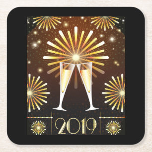 Champagne and Fireworks New Years Eve 2019 Square Paper Coaster