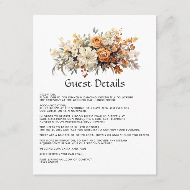 Champagne and Ivory Floral Wedding Guest Details Enclosure Card (Front)