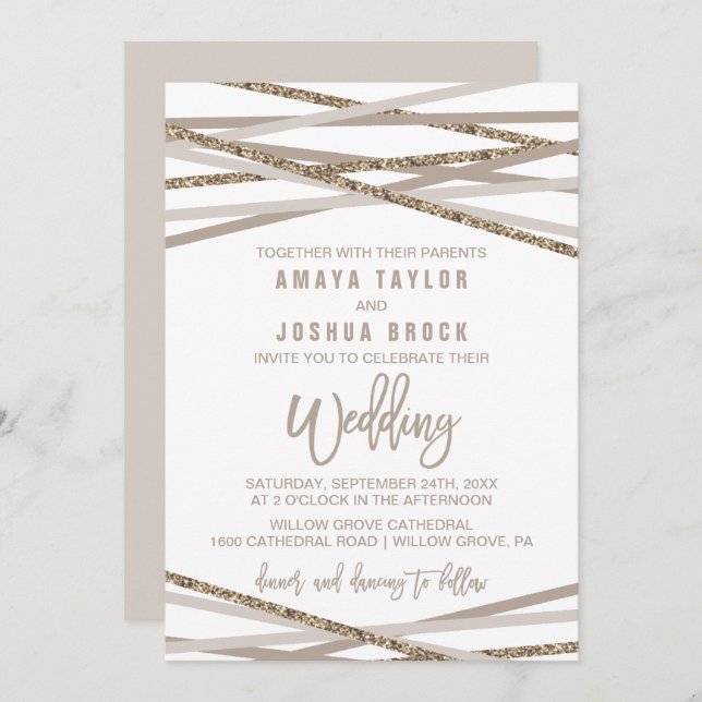Champagne and Ivory Streamers Wedding Invitation (Front/Back)