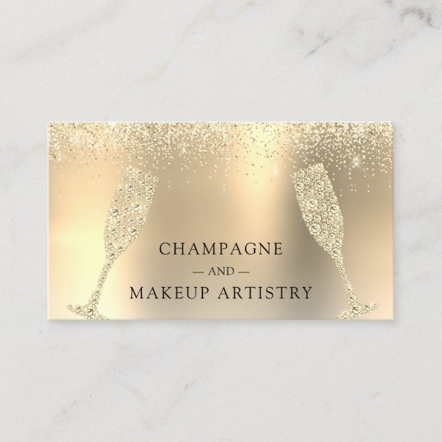 Champagne and Makeup Gold Foil Glitter Business Card (Front)