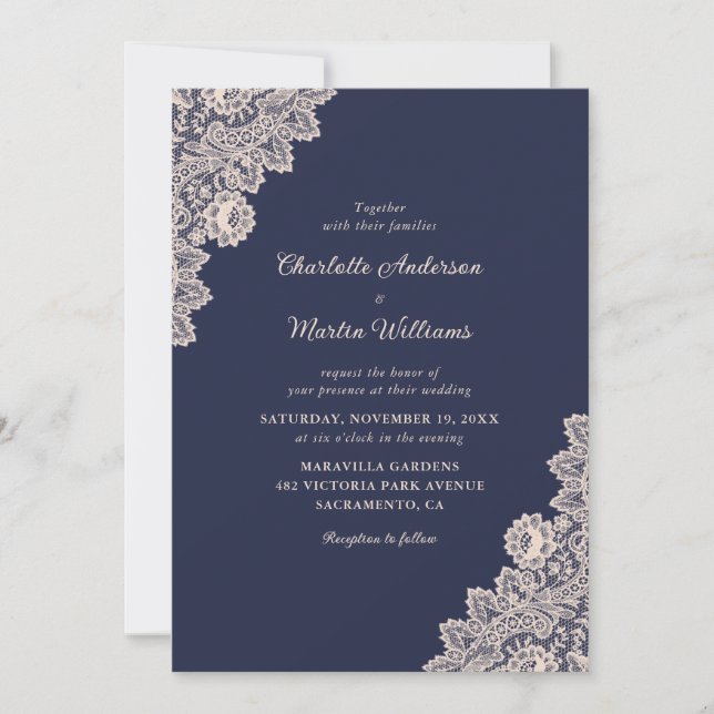 Champagne and Navy Blue Lace Wedding Invitations (Front)