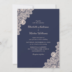 Champagne and Navy Blue Lace Wedding Invitations