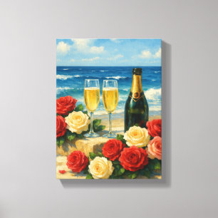 Champagne and Roses on Romantic Beach Canvas Print