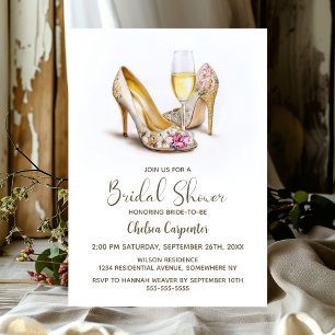 Champagne and Stylish Floral High Heel Shoes Invitation
