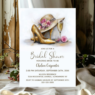 Champagne and Stylish Gold High Heel Shoes Invitation