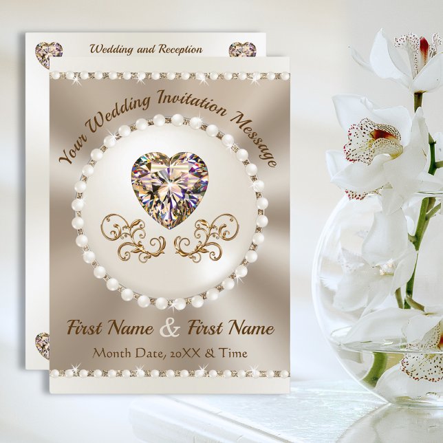 Champagne and Taupe Wedding, Wedding Invitations (Champagne and ivory wedding. Diamond and pearls invitations. Champagne wedding motif. Heart Diamond.)