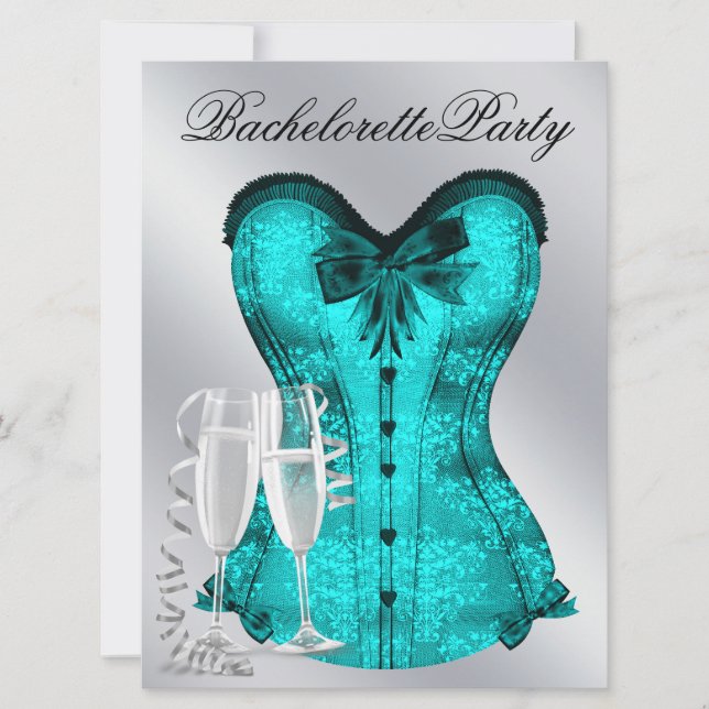 Champagne  and Teal Blue Corset Bachelorette Party Invitation (Front)