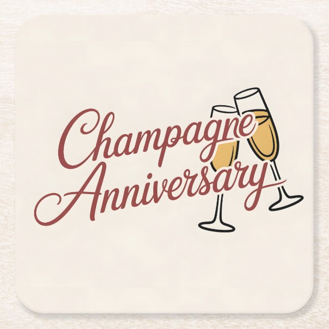 Champagne Anniversary Celebration Script Graphic Square Paper Coaster (Front)