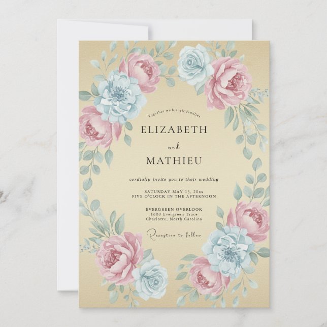 Champagne Aqua Blossom Wedding Invitation (Front)