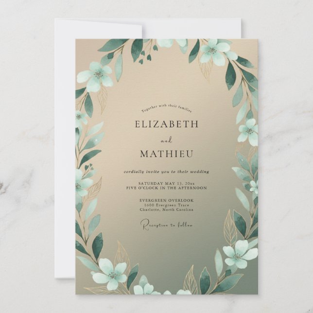 Champagne Aqua Leafy Wedding Invitation (Front)