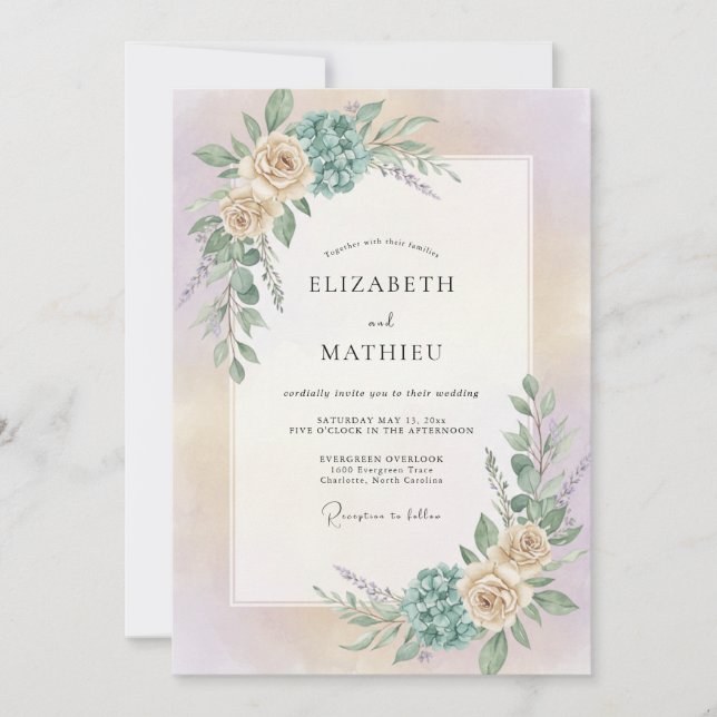 Champagne Aqua Peony Wedding Invitation (Front)
