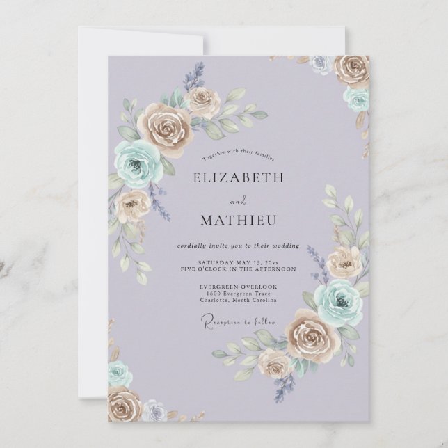 Champagne Aqua Ranunculus Eucalyptus Wedding Invitation (Front)