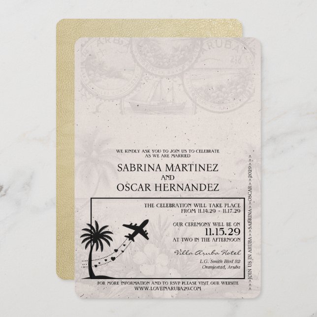 Champagne Aruba Passport Wedding Invitation (Front/Back)