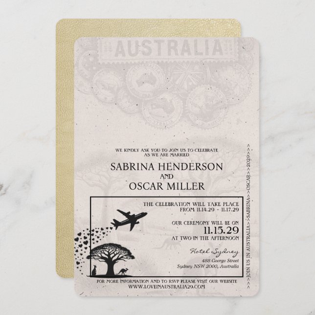 Champagne Australia Passport Wedding Invitation (Front/Back)