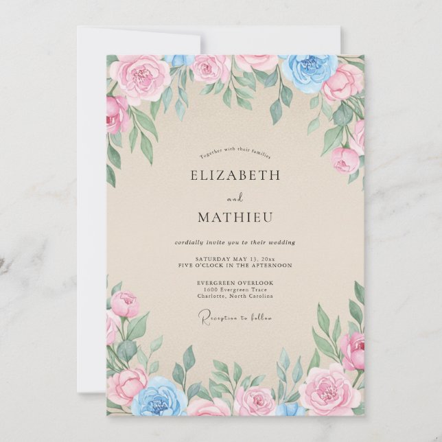 Champagne Azure Foliage Eucalyptus Wedding Invitation (Front)