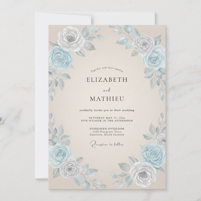 Champagne Azure Leafy Wedding Invitation (Front)