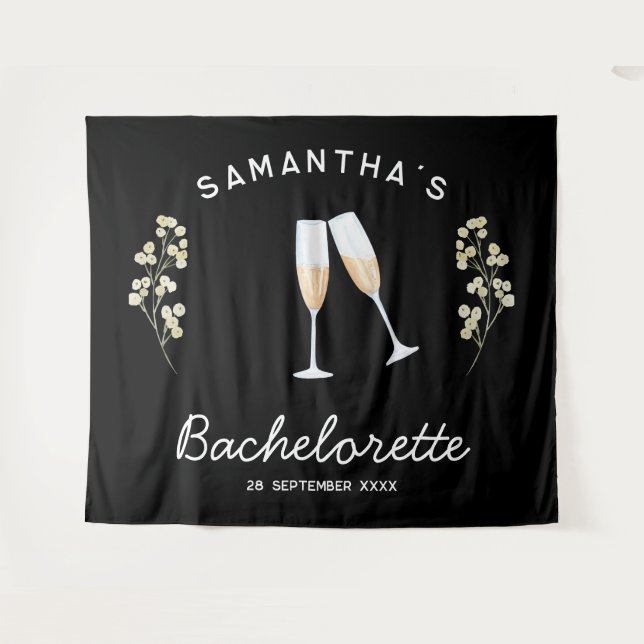 Champagne Bachelorette Party Backdrop Boho Floral Tapestry (Front (Horizontal))