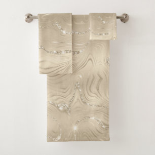 Champagne Background White and Beige Glitter Bath Towel Set