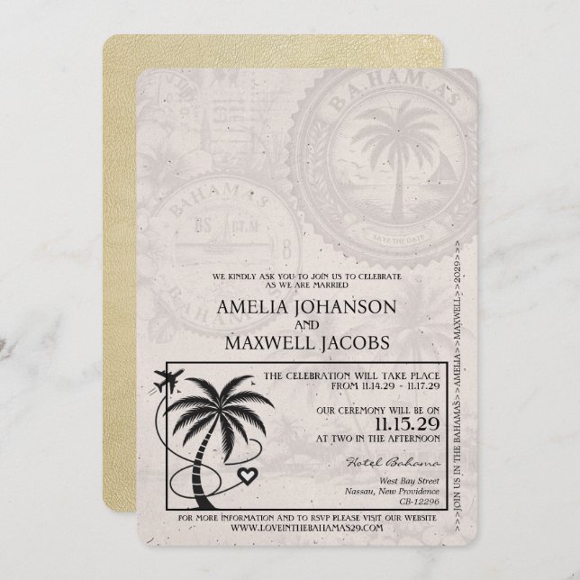 Champagne Bahamas Passport Wedding Invitation (Front/Back)