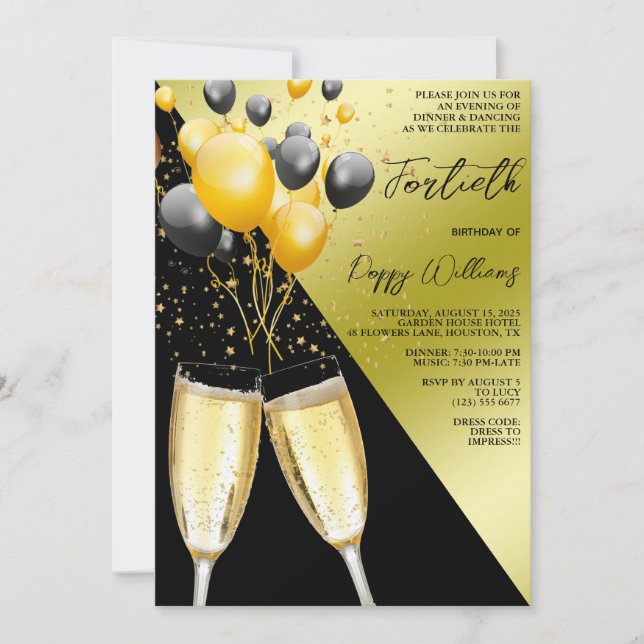 Champagne & Balloons 40th Birthday Invitation (Front)