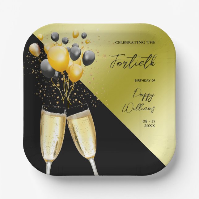 Champagne & Balloons 40th Birthday Paper Plate (Front)