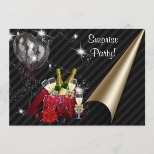 Champagne Balloons Black Surprise Birthday Party Invitation