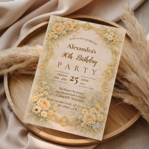 Champagne Baroque Floral Frame 90th Birthday Invitation