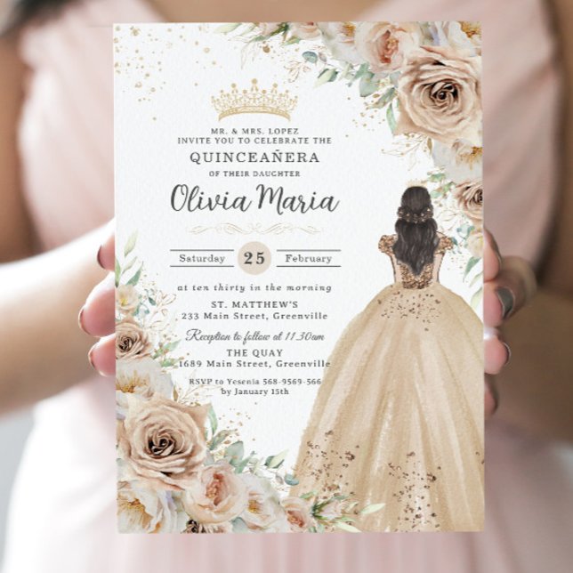 Champagne Beige Cream Floral Princess Quinceañera  Invitation (Creator Uploaded)