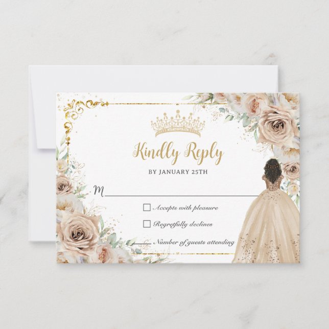 Champagne Beige Cream Floral Princess Quinceañera  RSVP Card (Front)
