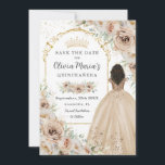 Champagne Beige Cream Floral Princess Quinceañera  Save The Date<br><div class="desc">Personalise this elegant champagne floral Quinceañera / Sweet 16 birthday save the date easily and quickly. Simply click the customise it further button to edit the texts, change fonts and fonts colours. Featuring beautiful watercolor champagne flowers, a girl dressed in a lovely champagne ball gown and a gold princess crown....</div>