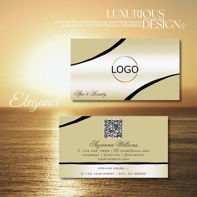 Champagne Beige Curved Decor Lines Logo QR Code Business Card (Creator Uploaded)