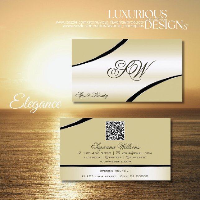 Champagne Beige Curved Lines Monogram and QR Code Business Card (Creator Uploaded)