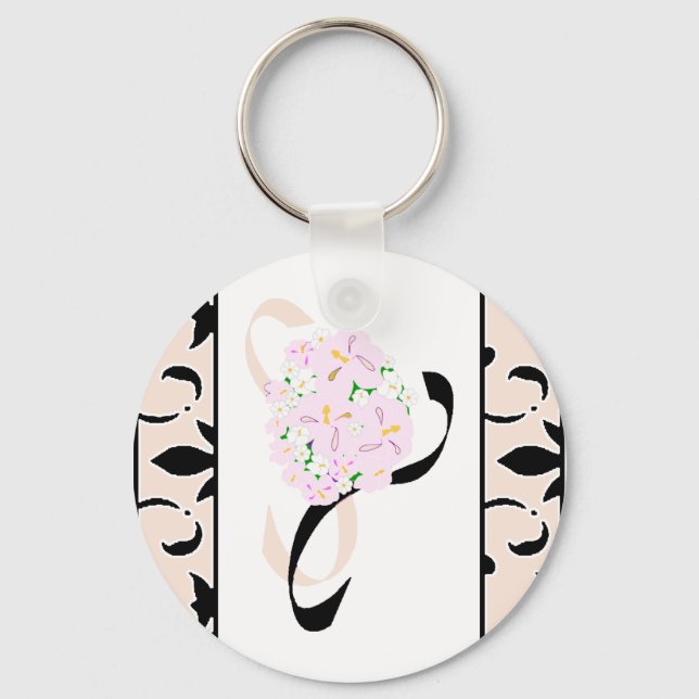 Champagne, Black Damask Favor Keychain (Front)
