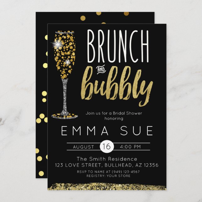 Champagne Black Gold Brunch & Bubbly Bridal shower Invitation (Front/Back)