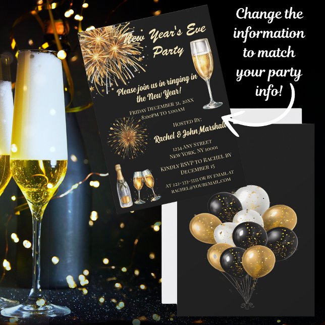 Champagne Black & Gold New Year's Eve Invitation (Send your New Year's Party Invitation with elegance and style!)