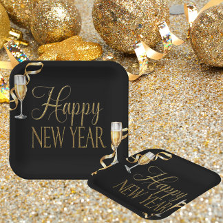 Champagne Black & Gold New Year's Eve Party Paper Plate