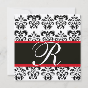 CHAMPAGNE & BLACK  RED  DAMASK MONOGRAM , white Invitation