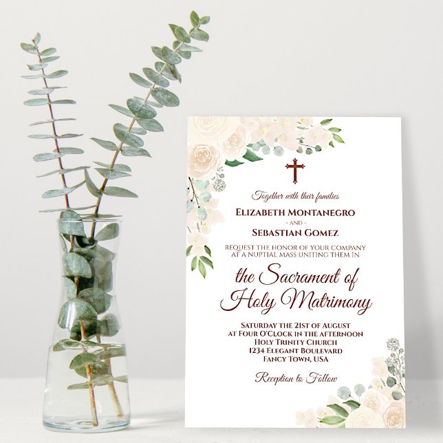 Champagne Blush Floral Modern Catholic Wedding Invitation (Creator Uploaded)