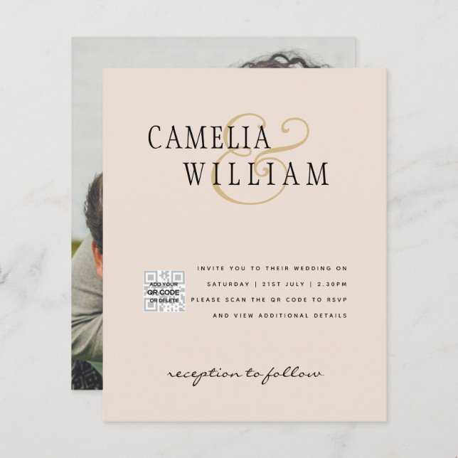 Champagne Blush PHOTO Wedding Invitation QR Code (Front/Back)